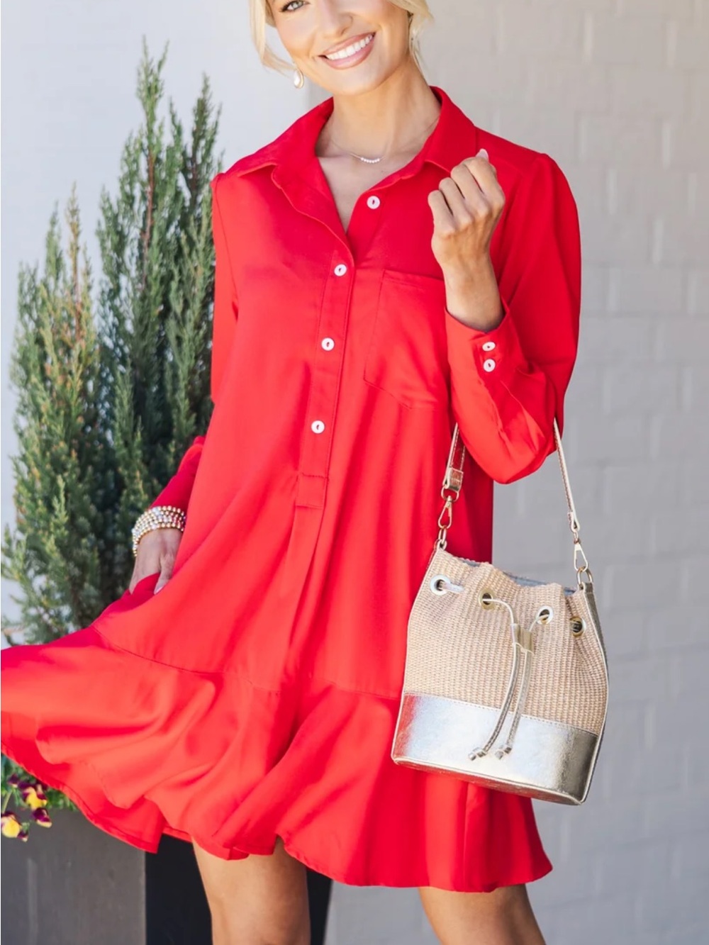 Cynthia Rowley Red Long-Sleeve Shirt Dress NWOT Size Large - Picture 2 of 10